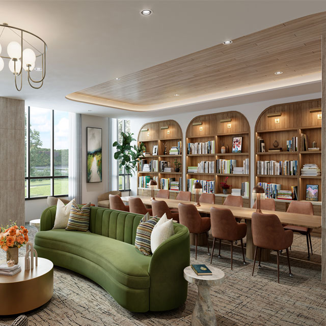 Library reading room at River's Edge Life Plan Community in NYC