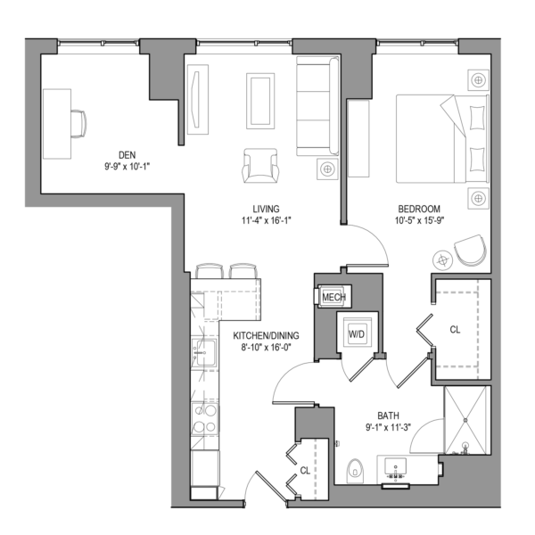 The Cole 4 One Bedroom apartment floor plan at River's Edge NYX