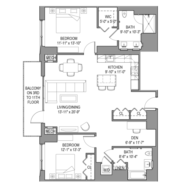 The Durand 9 with Balcony Floor plan at River's Edge NYC